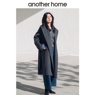 another home绵羊毛呢外套冬季气质新款女装翻领山羊毛气质大衣