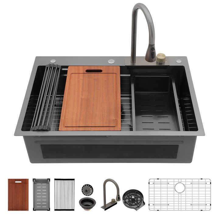 多功能瀑布厨房水槽不锈钢水槽大单碗，带碗架，安装水槽下降