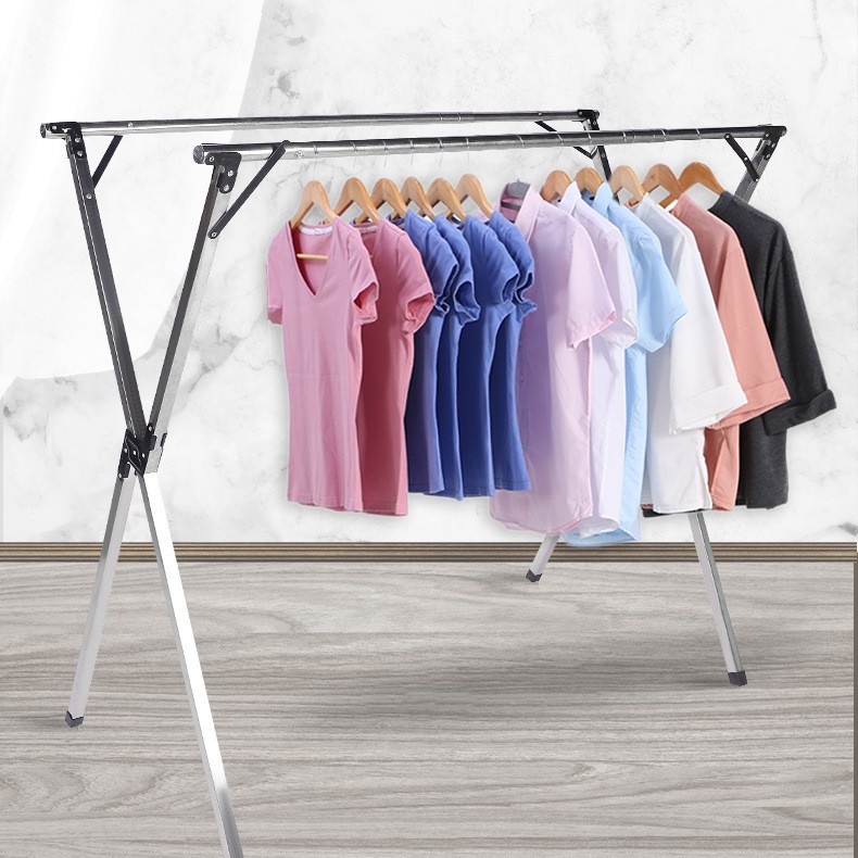 不锈钢挂衣杆X型晒被子鞋架置地晾晒架落地式晾衣架可折叠省空间