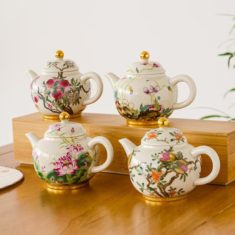 单个精致茶壶家用功夫冲泡茶老茶复古茶道陶瓷手把壶复古粉彩描金