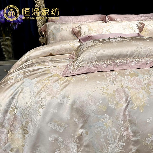 别墅自留款高精密100支全棉四件套奢华提花刺绣被套床盖床品粉色