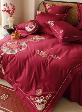 凤高端式结婚四婚庆件套全棉纯棉大红色喜庆龙绣花婚中房床上FOD