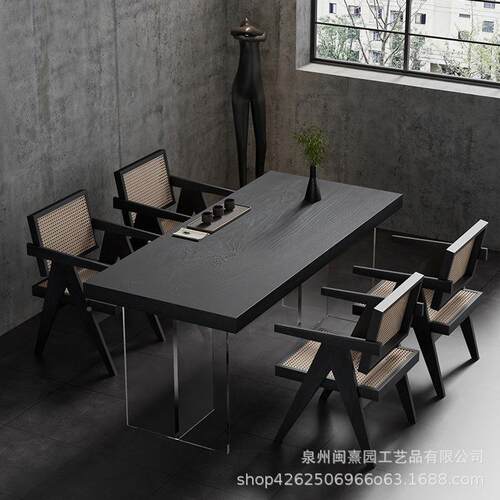 诧寂风碳化色茶实木公泡司桌WEA子大板黑工作台新中式亚克力黑色
