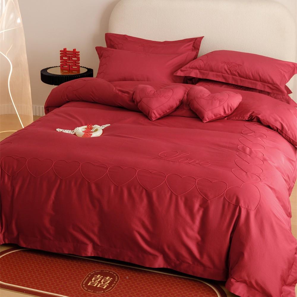 套中式新婚大GYY红简色爱结婚四件约长绒棉被套婚庆婚房床心品