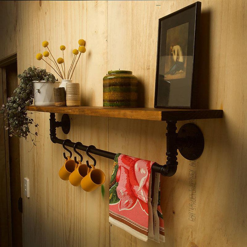 物架LNI墙置上做旧美式厨餐厅铁水管房墙壁室浴实木隔板壁挂挂钩