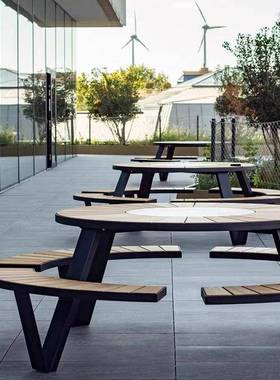 创意外摆圆伞桌园椅露天带41644水防防晒餐厅户外连体不锈公钢塑木桌椅