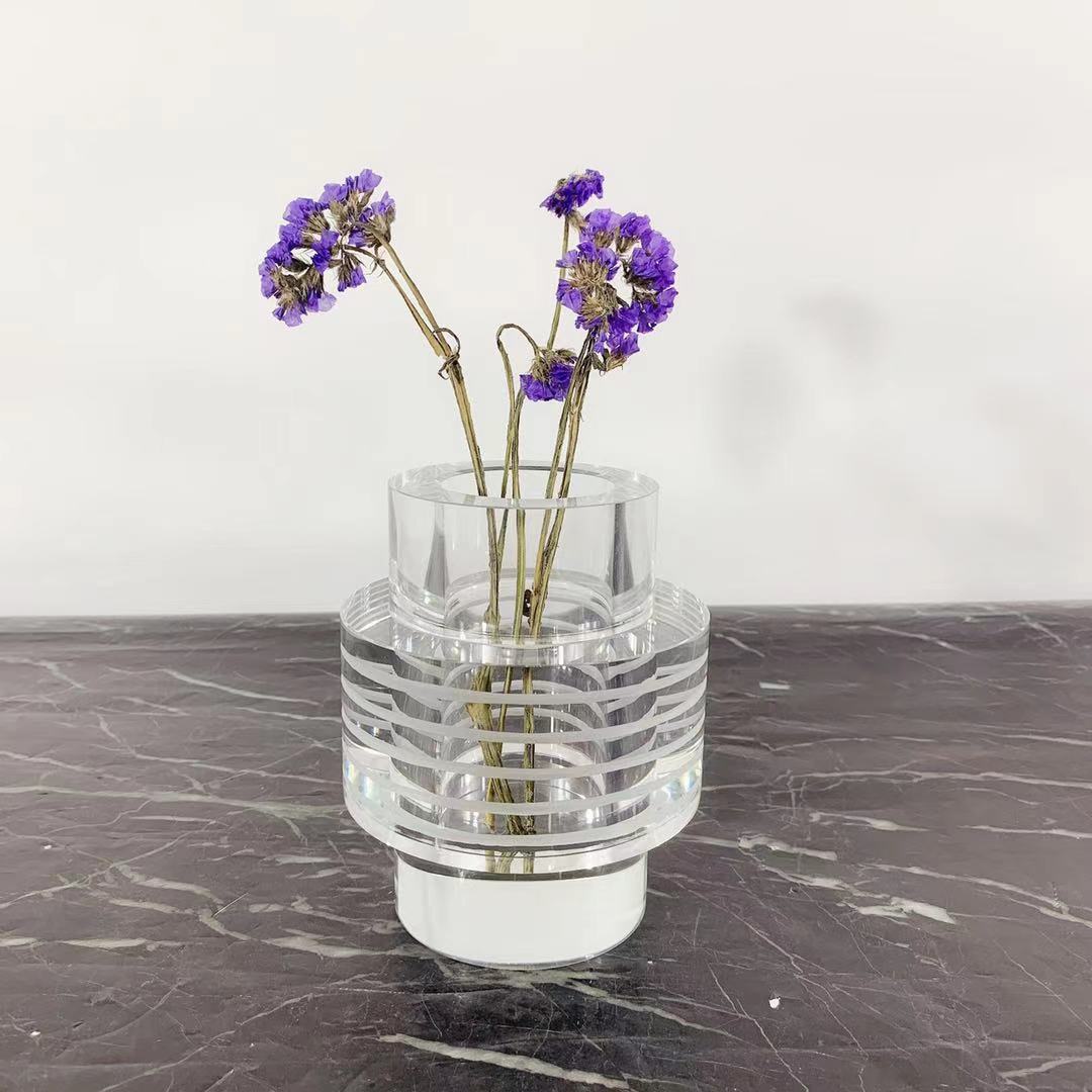 简约新中式透明水晶玻璃圆形形条纹花器客厅卧室家居软装饰品