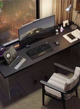 LHV黑色靠墙公力学习桌家用纹卧室电脑桌实木亚克石头办长条阅读