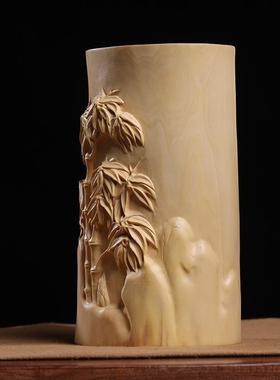 乐清黄筒杨木86941刻文节节高升树木笔实雕木房四宝收纳书房装饰品摆件