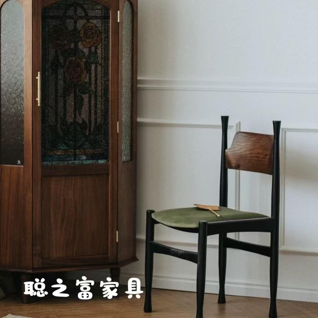 法式中复古风餐椅绿色椅子实木高级感梳化妆靠背冲冠椅客厅餐桌椅