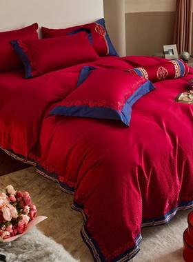 婚庆长绒棉水洗活性印染大红色婚房床笠四件套结婚喜庆陪嫁