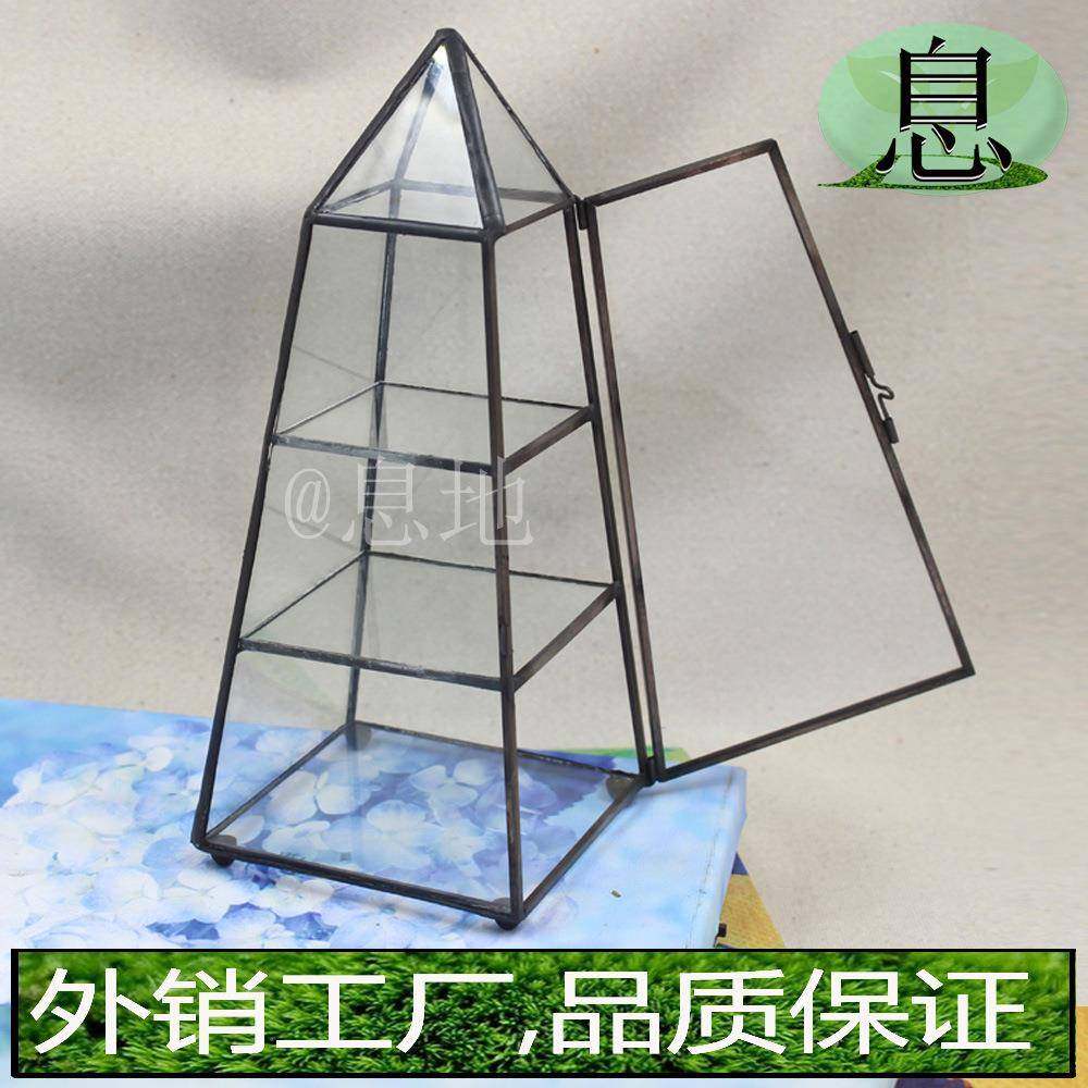 16056A包邮工厂直销塔形三层黑色锡质几何玻璃收纳盒首饰盒