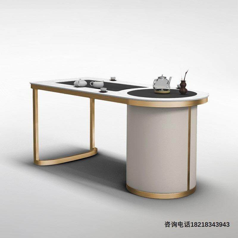 香槟金岩板茶台/可烧水冲茶桌子/办公室和家庭适用轻奢简约茶台