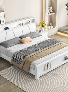 北欧白色实木床现代简约奶油风1.2m儿童床1.5m储物1.8m双人软靠床