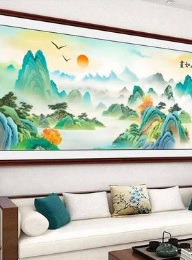 山如画十字绣2025风新款蓝色版厅客大幅景山水江画手工线绣ODD满