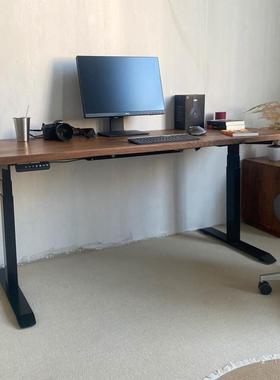 8V实电木动升木EIT降桌台电脑桌实桌子办公桌工作原木黑胡桃