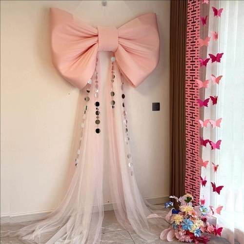 2粉蝴色红蝴蝶结超大丝JXX绒蝶感结结婚婚房氛围装饰新娘晨袍拍摄