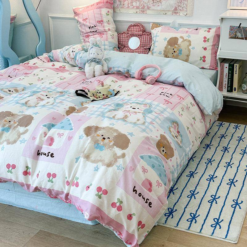 可爱小四件套100纯全棉床单棉舍被套被罩学生宿单人床上28狗三件