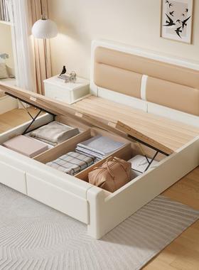 奶油白色软婚靠实木气床静音榫卯双人卧BYG大床简约主家用压储物