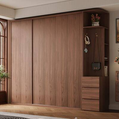 ENF级实木欧松板推拉门衣柜卧室家用经济型收纳柜子胡桃色大衣橱