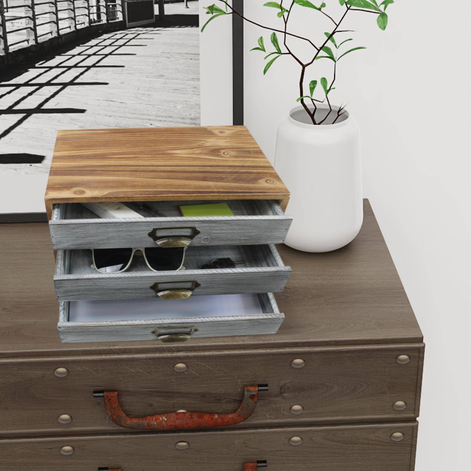 5DB针J复物古抽式储776盒桌面杂物整理盒木质纹身收纳屉柜木盒饰