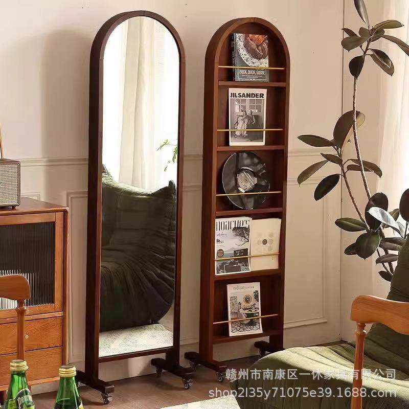 落地可移动穿衣镜子中古杂志架全身镜一体旋转书架法式复古多功能