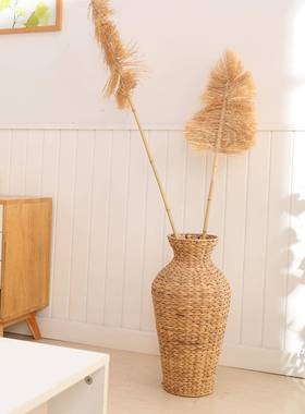 跨境花13532手工编织草编篮民宿风格编织竹编瓶摄美花式艺术摆设