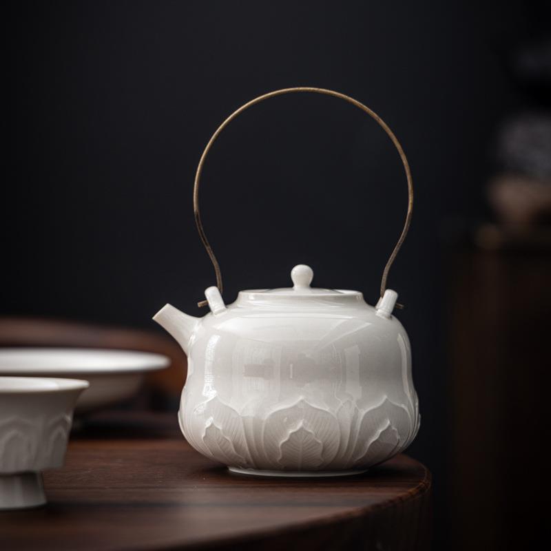 草木灰青莲提梁壶文人茶器泡茶壶陶瓷茶壶茶室茶艺师新中式防烫壶