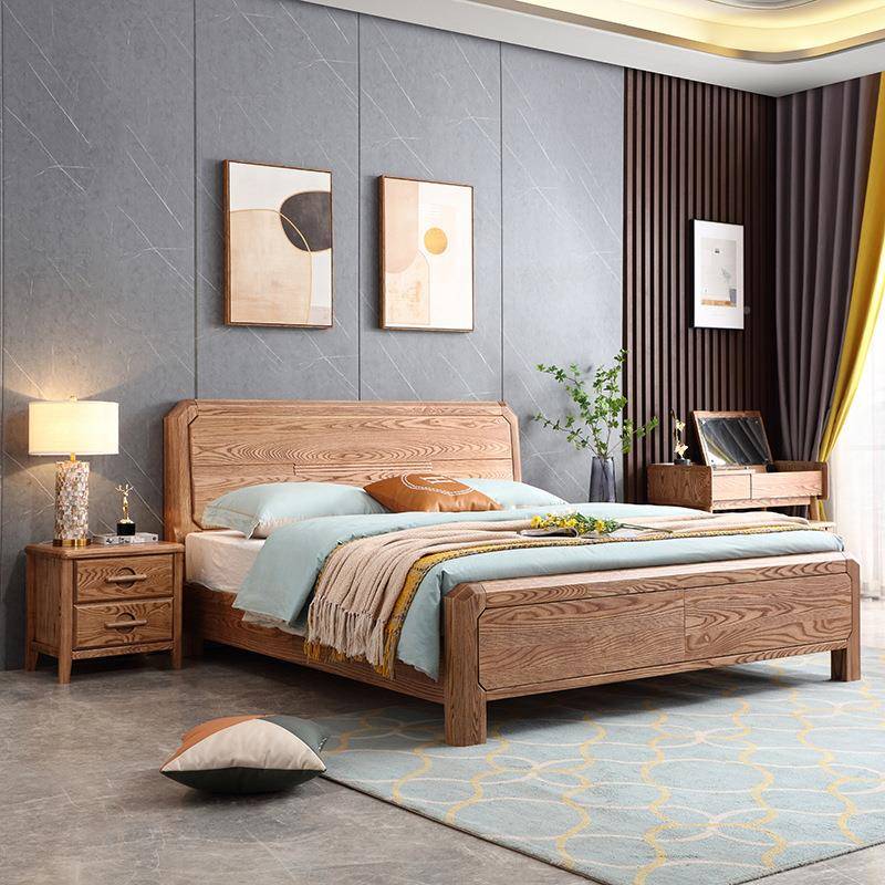 白蜡实木床现代简约主卧室1.8米2双人全床1白蜡木60.m5米简约高箱