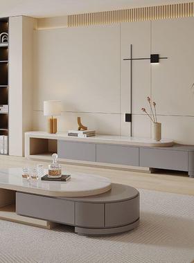 轻奶板油风伸缩岩茶几电视柜一体小现代简约客厅奢家用89444大户