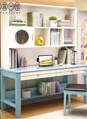 桌体新款实木儿29455童学习架一桌带书柜学生家用课桌卧室可书升