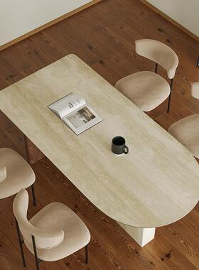 法式复台古实餐桌洞石岩板小户型计DA51师创木意设半椭圆岛餐桌靠