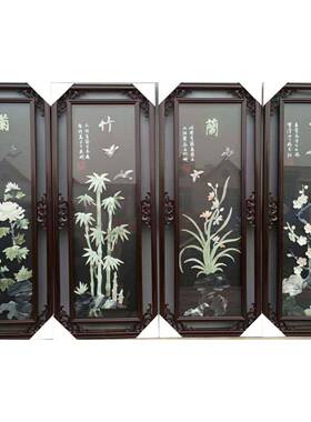 新款玉画四兰扇屏4*1510cm实木框春夏秋玉74635冬菊竹梅包邮玉雕
