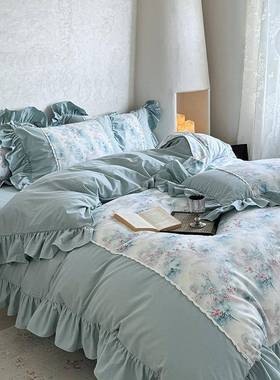 复古风全棉厚磨毛件套纯花棉床加单YMD43466被套法式公主褶四皱边