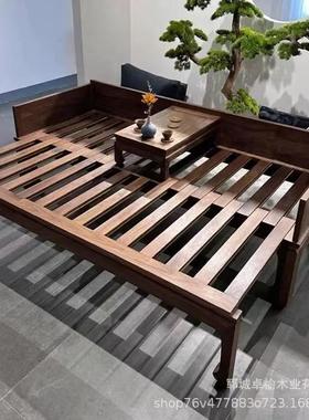 北方卯老榆木罗汉床实木抽拉式推拉罗汉床榫雕大刻象罗汉26315沙