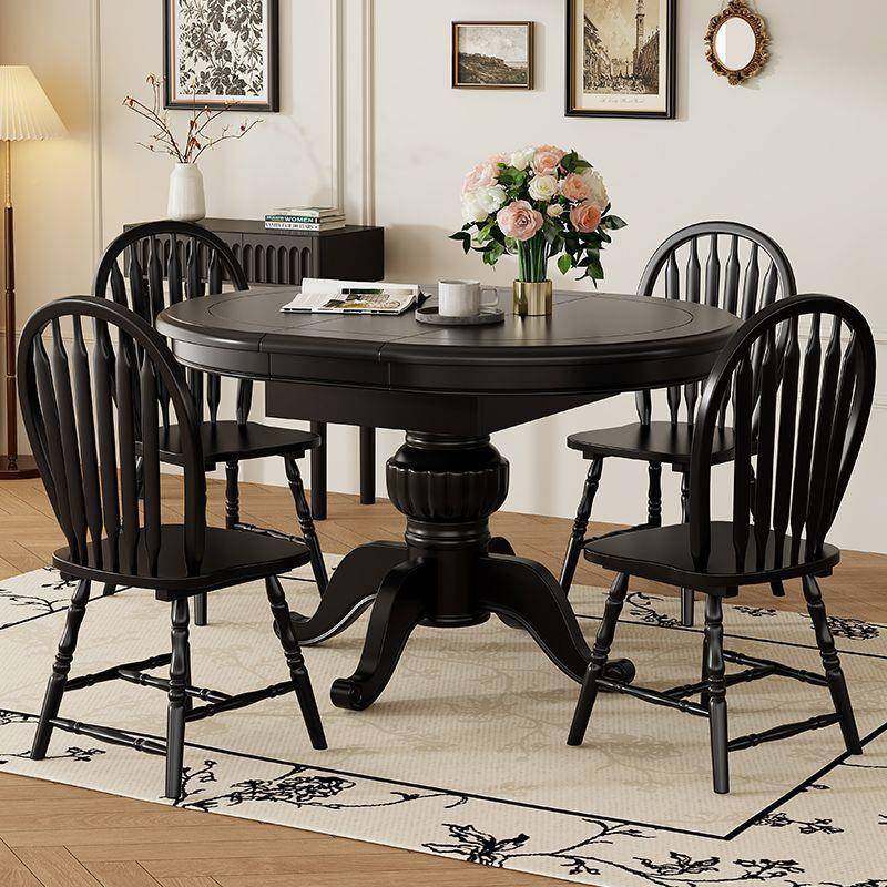 美式转5木餐可伸实缩折叠圆桌盘法式复古小户型家用桌餐桌椅子组