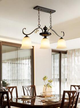 美式餐餐厅吊灯全饰铜客PUZ厅三头吧台桌餐灯欧式复古黑色法式长