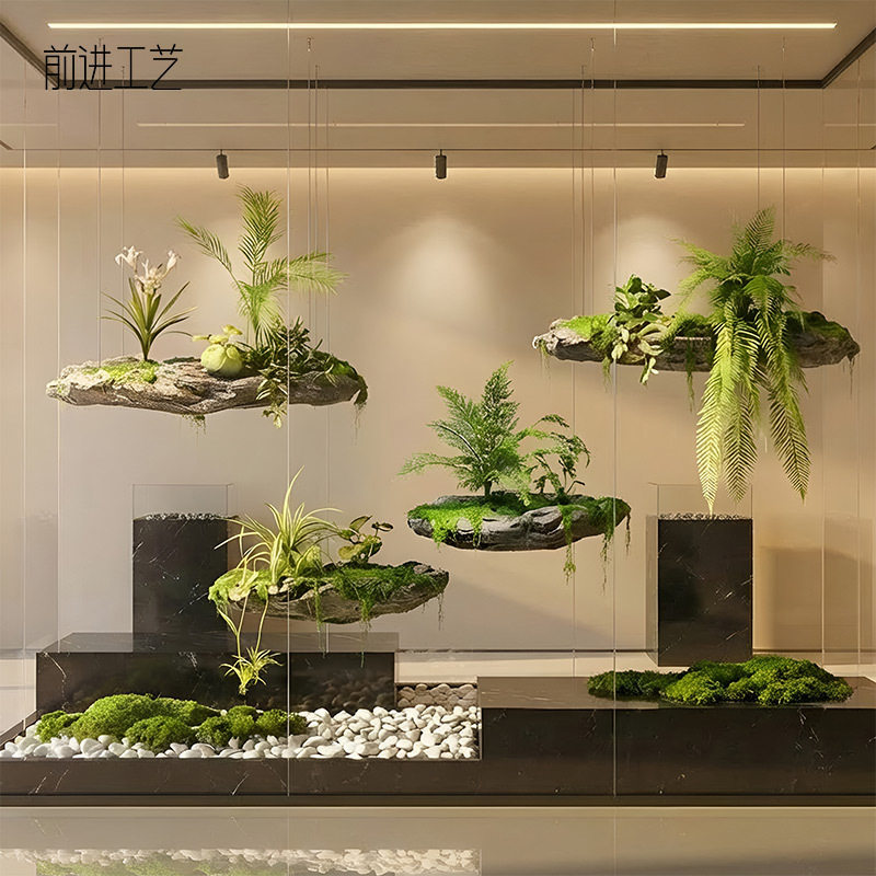 创意悬浮石景观悬挂假石头酒店展厅橱窗装饰苔藓绿植造景仿真石头