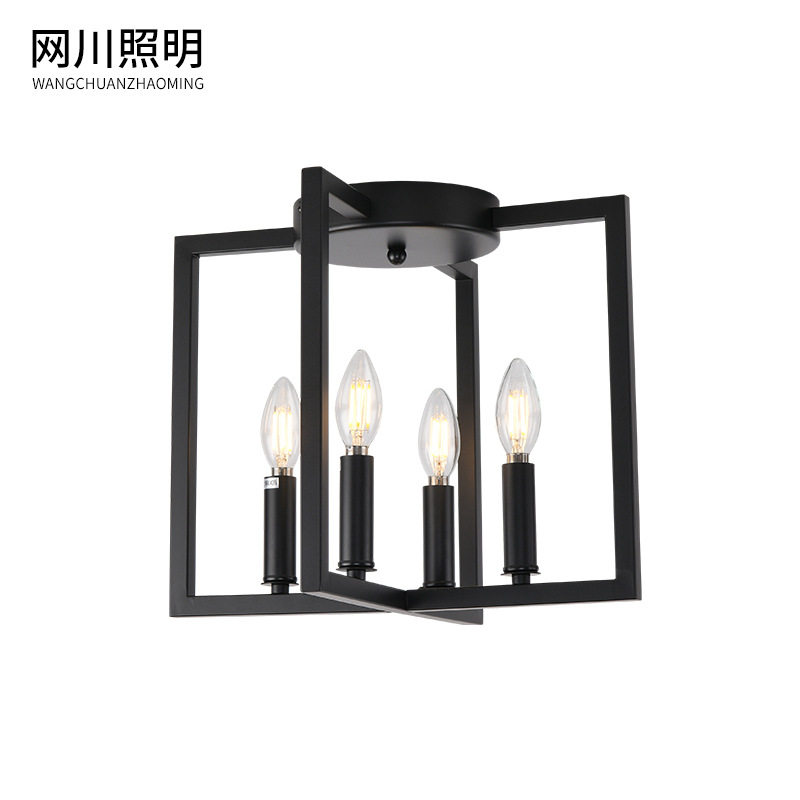 现货批发亚马逊复古吸顶灯美式工业风卧室灯蜡烛灯铁艺方形餐厅灯