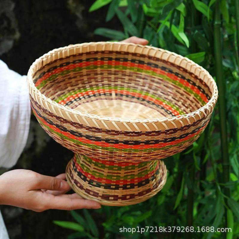 彩色天然竹编手工高脚篮子手编编织装饰民宿花篮收纳水果盘果装饰,纺织面料/辅料/配套,纺织机械配件,淘宝优惠券,粉丝福利购,淘宝优惠卷