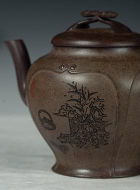 原矿云香柴烧纯手工2刻绘清供雅集90SY0189ML宜兴紫雾砂壶泡茶壶