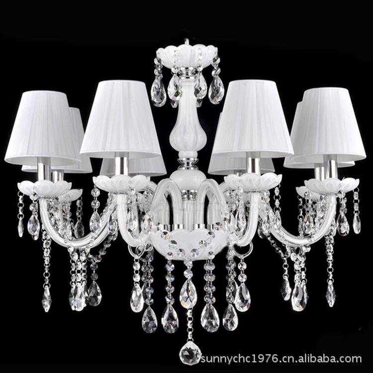 合6头餐白玉适色蜡烛灯带帽白色水晶吊灯带罩客厅灯8124-6B卧室厅