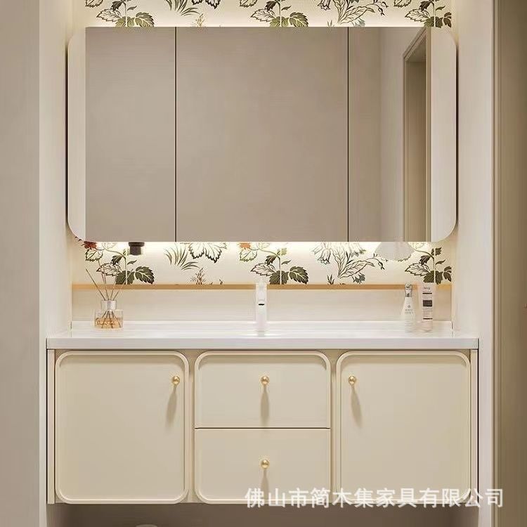 法式奶油田园简约浴室柜洗脸盆氛围灯镜一体美妆架洗漱陶瓷一体盆