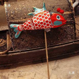 手工鱼灯花竹宫灯国潮复古风SXA灯锦鲤鱼金灯鱼手持杆发光笼拍摄