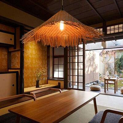 中式田园餐厅草宿帽编制灯罩农家吊乐民个XC202105性创意日式笠竹