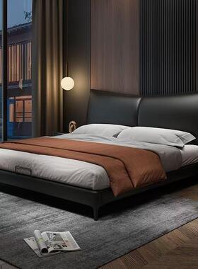 真皮软靠简约新款皮艺床卧室豪华双人大床现代黑色储物皮床婚床