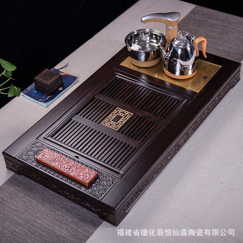 实木茶盘家用乌金石黑檀鸡翅木套装四合一全自动电热炉大号茶道托