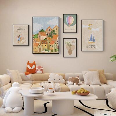 奶风客DLL厅组合装馨饰画温约肌理感壁画简原木油风沙发背景平面