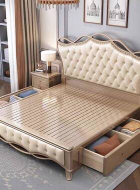 美式实木轻床法式高奢档豪华公主床.18米主卧QLK双人软包床储物婚