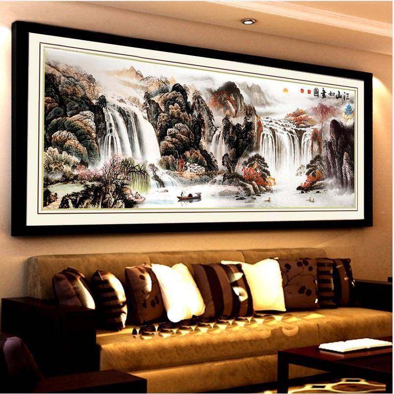 江山如画图2十字绣205新绣客款厅流水生财山PDD10226线水画风景自